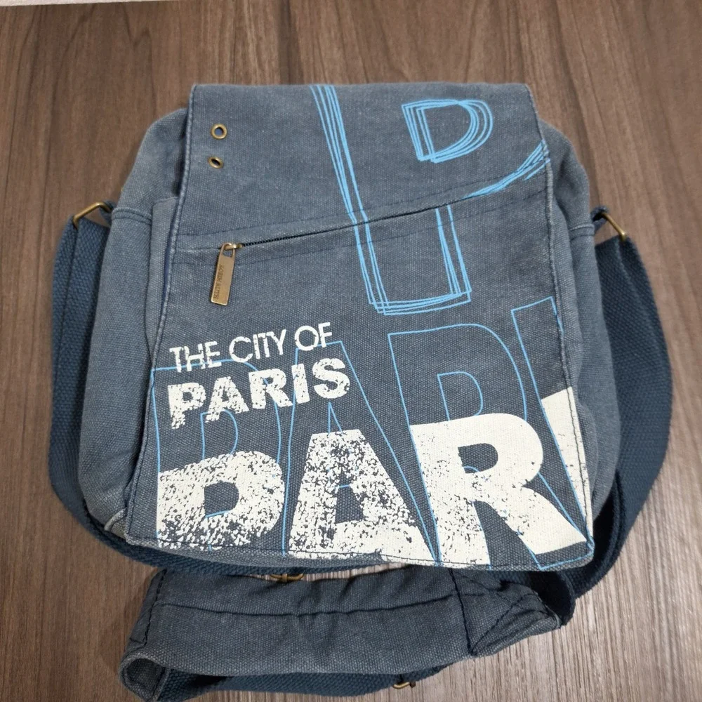 Robin Ruth Paris Messenger Bag Blue Canvas Crossbody Travel Souvenir Print